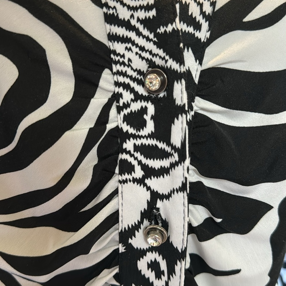 Mesmerize Zebra Print Blouse with Ruched Front and Rhinestone Button Detail - Picture 5 of 5